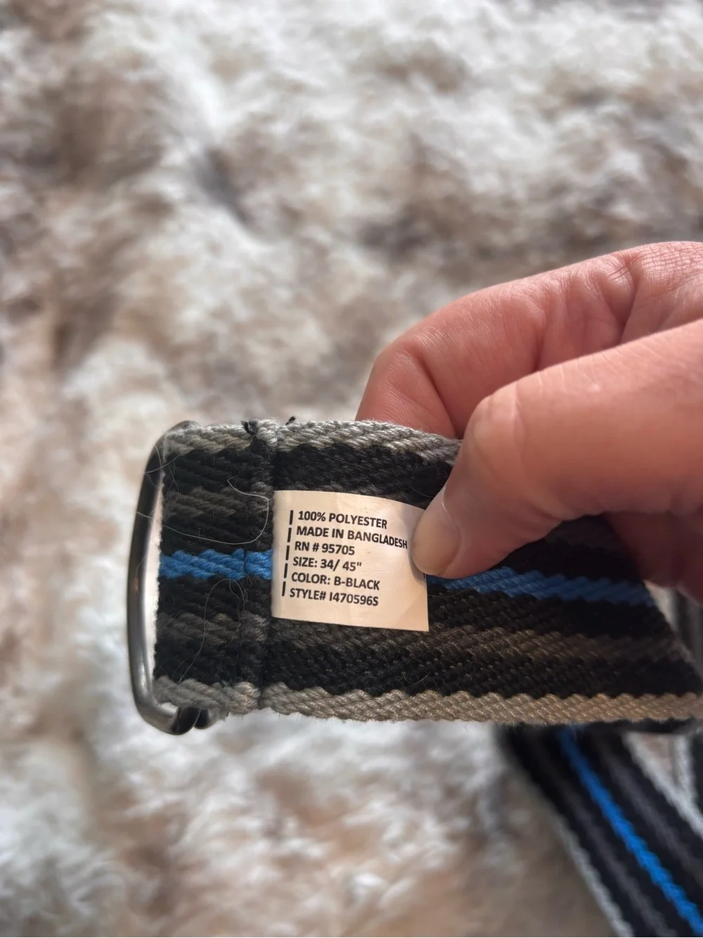 Woven Stripe Webbing Belt in Black, Gray & Blue - Classic D-Ring Closure